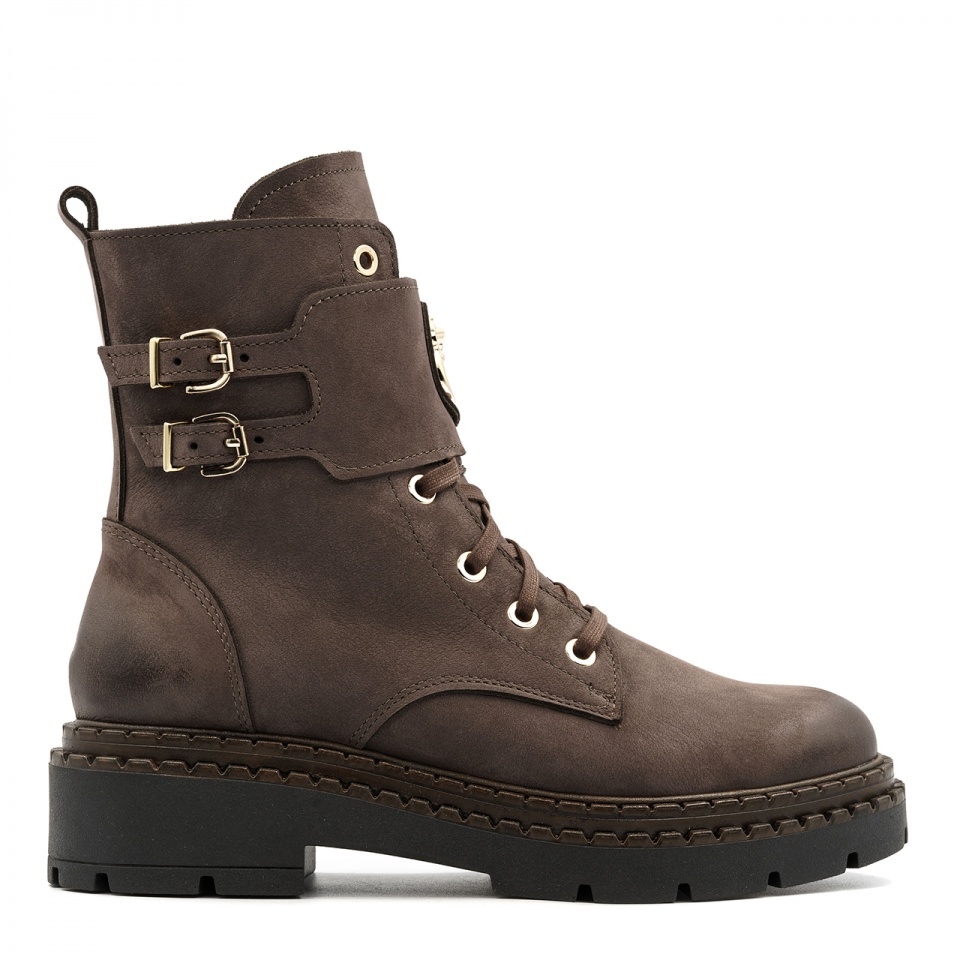 Brązowe nubukowe botki z klamrami 289B