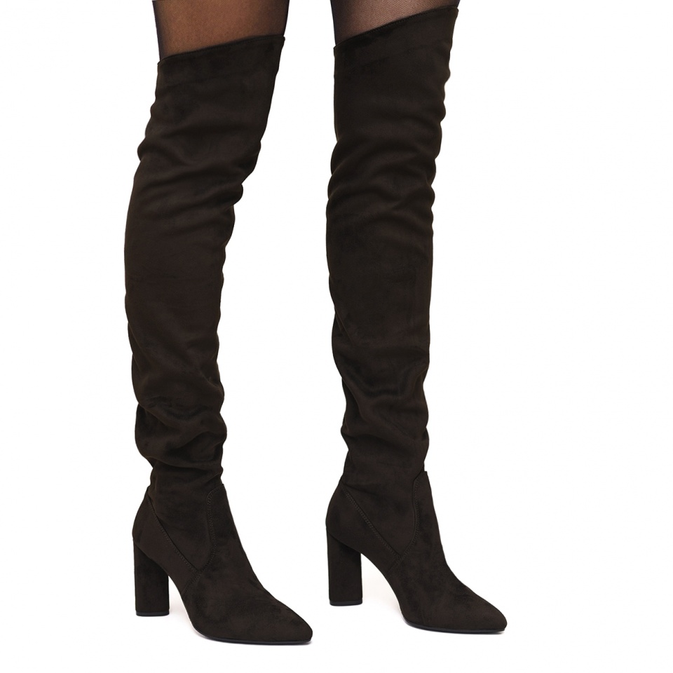 Brązowe kozaki za kolano na wysokim słupku 111K