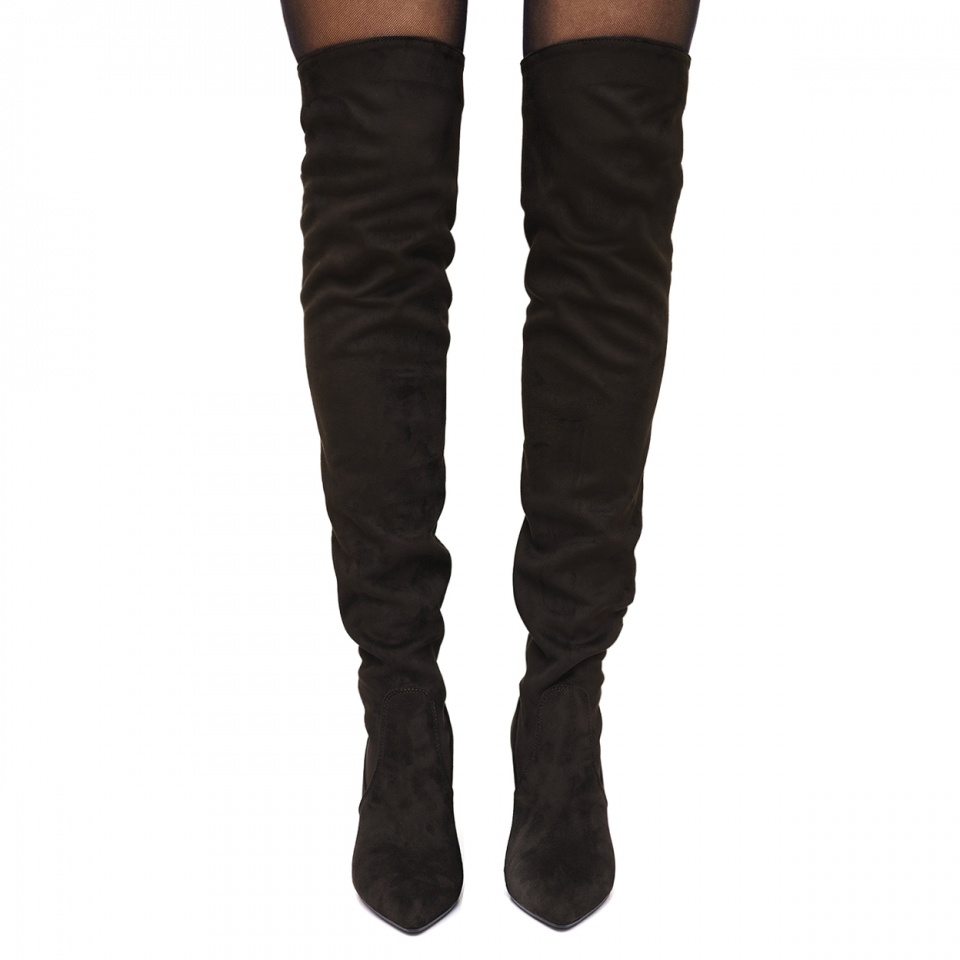 Brązowe kozaki za kolano na wysokim słupku 111K