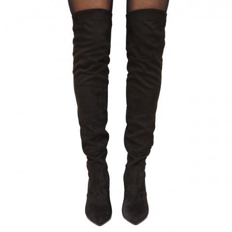 Brązowe kozaki za kolano na wysokim słupku 111K