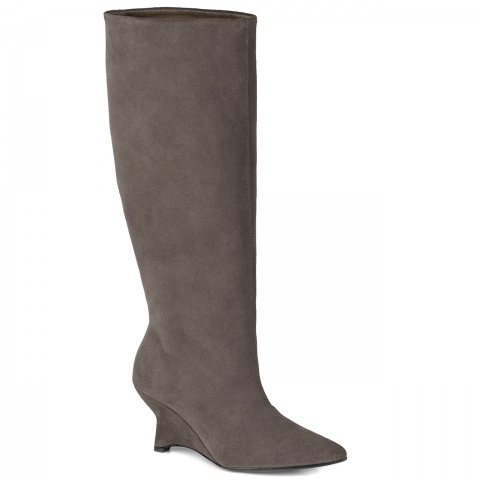 Kawowe welurowe kozaki na koturnie 303F