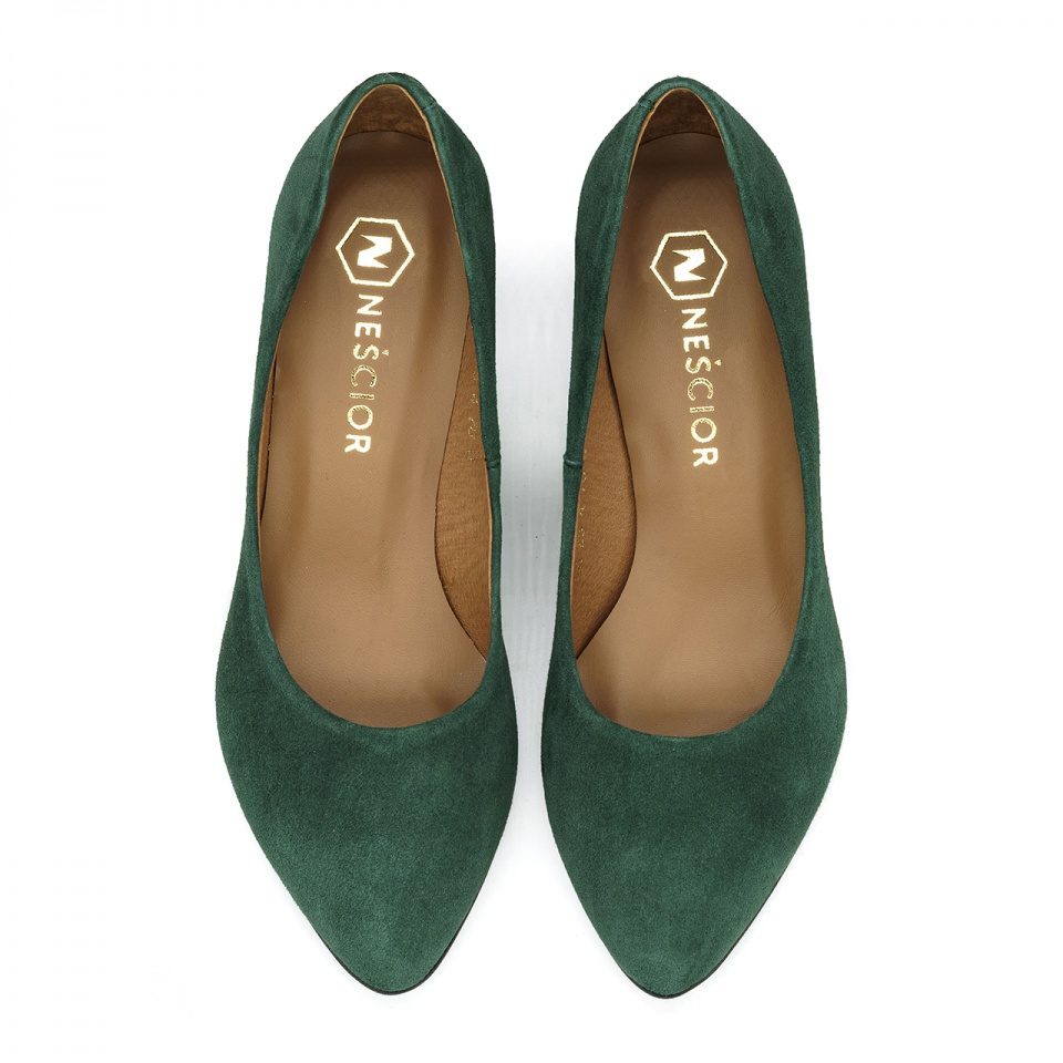 Zielone zamszowe czółenka na niskim obcasie 78H1