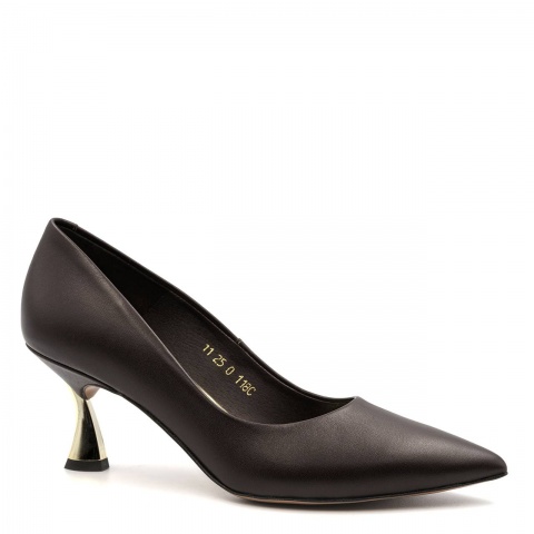 Brązowe skórzane czółenka na złotym obcasie 118C