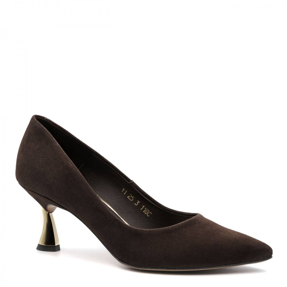 Czekoladowe czółenka na złotym obcasie 118C