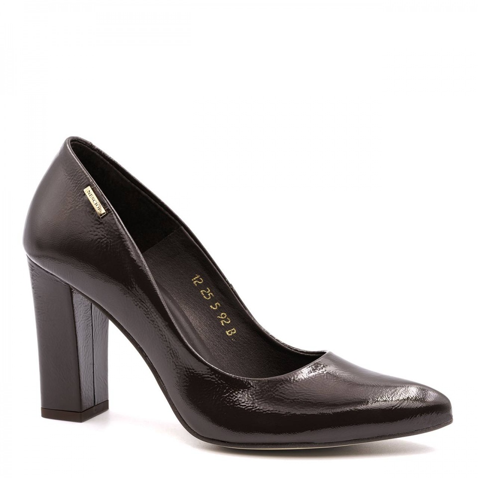 Brązowe lakierowane czółenka na wysokim słupku 92B