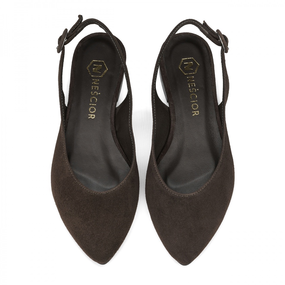 Brązowe zamszowe baleriny z odkrytą piętą 263V