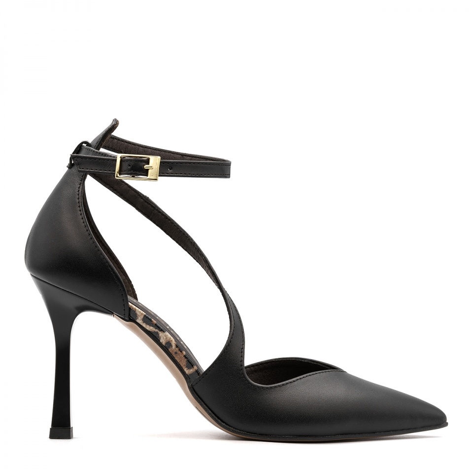 Czarne skórzane szpilki z panterą i paskami 231H