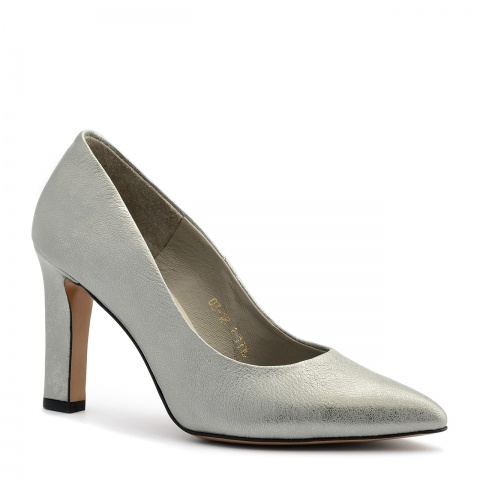 Perłowo-szare skórzane czółenka na słupku 111C