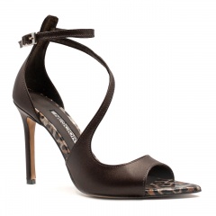 Czekoladowe skórzane szpilki z paskiem i panterą 121H