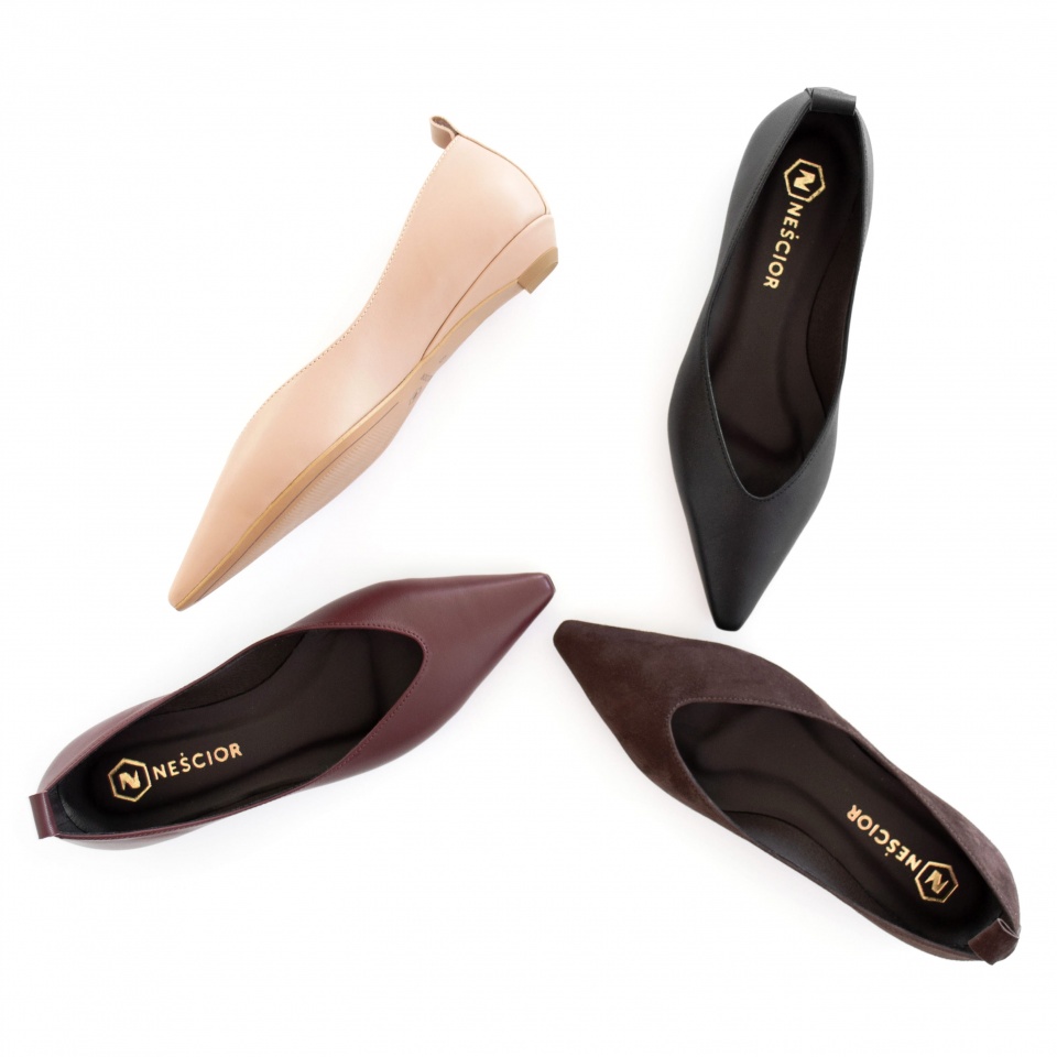 Bordowe skórzane baleriny w szpic 298B