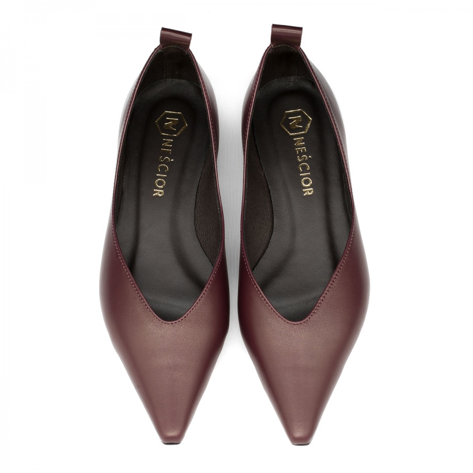 Bordowe skórzane baleriny w szpic 298B