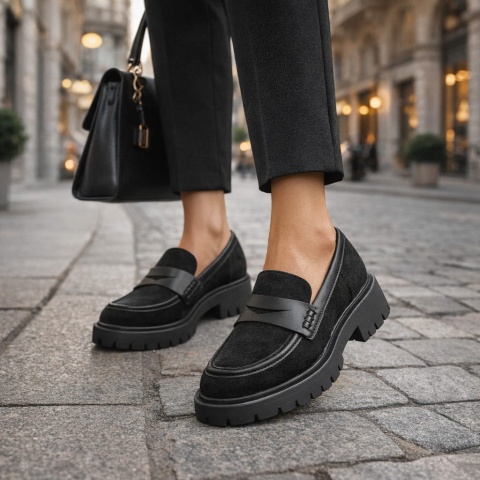 Czarne welurowe p&oacute;łbuty na grubym spodzie 241N