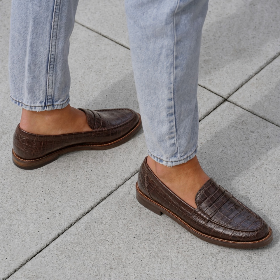 Brązowe skórzane półbuty w krokodyli wzór 44N