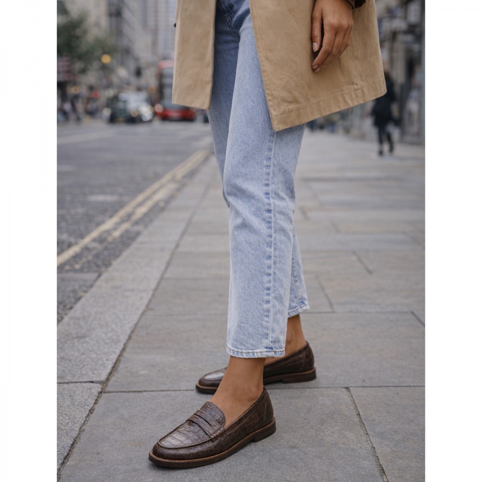 Brązowe skórzane półbuty w krokodyli wzór 44N