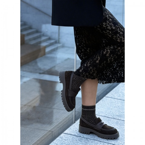 Brązowe welurowe p&oacute;łbuty na grubym spodzie 241N