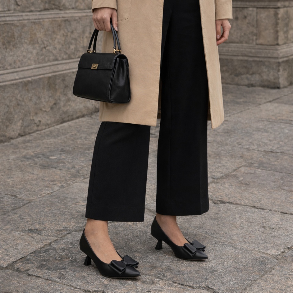 Czarne skórzane czółenka z kokardą 210E