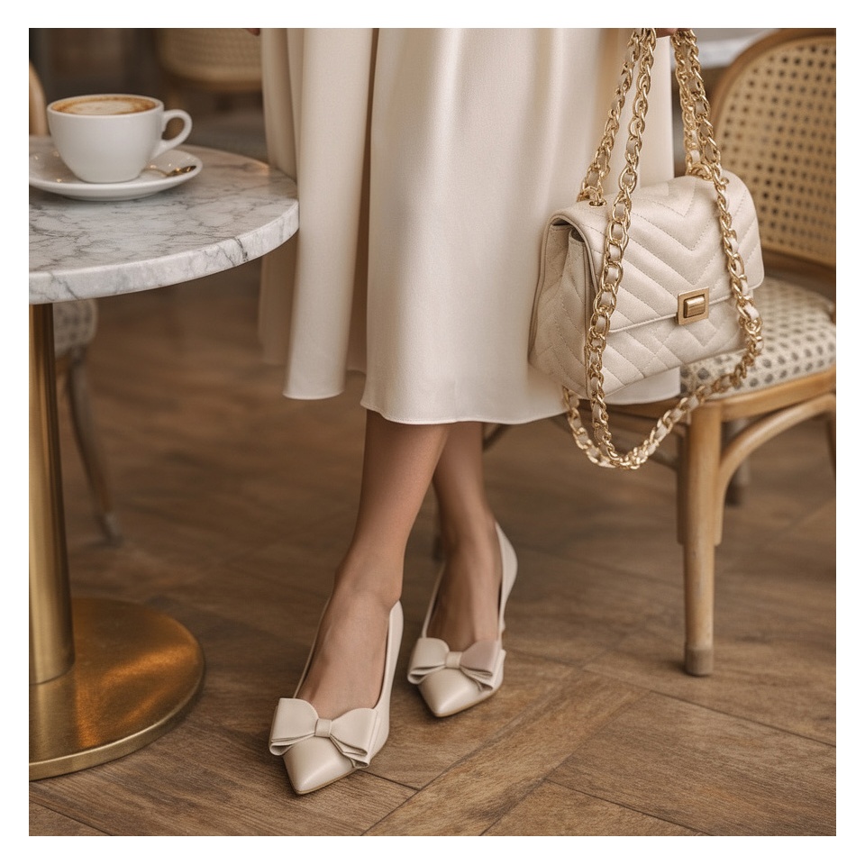 Beżowe skórzane czółenka z kokardą 210E