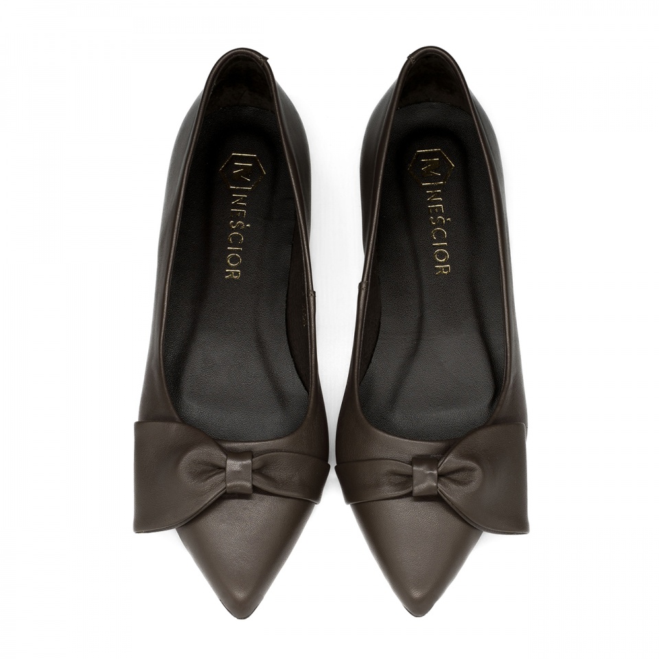 Brązowe skórzane baleriny z kokardą 305K