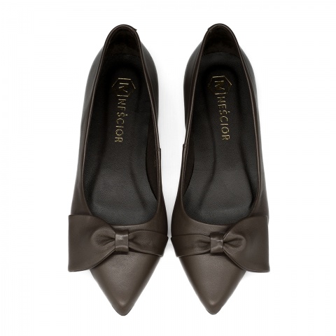 Brązowe sk&oacute;rzane baleriny z kokardą 305K