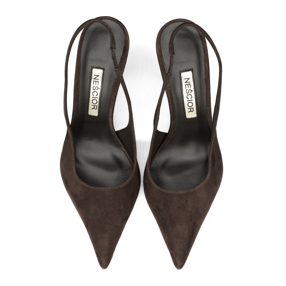 Czekoladowe zamszowe szpilki bez pięty 142V