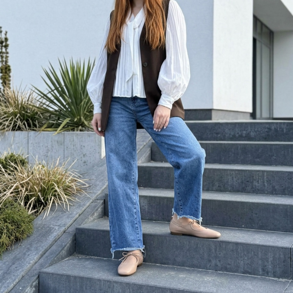 Beżowe wiązane skórzane baleriny z gumką 294B