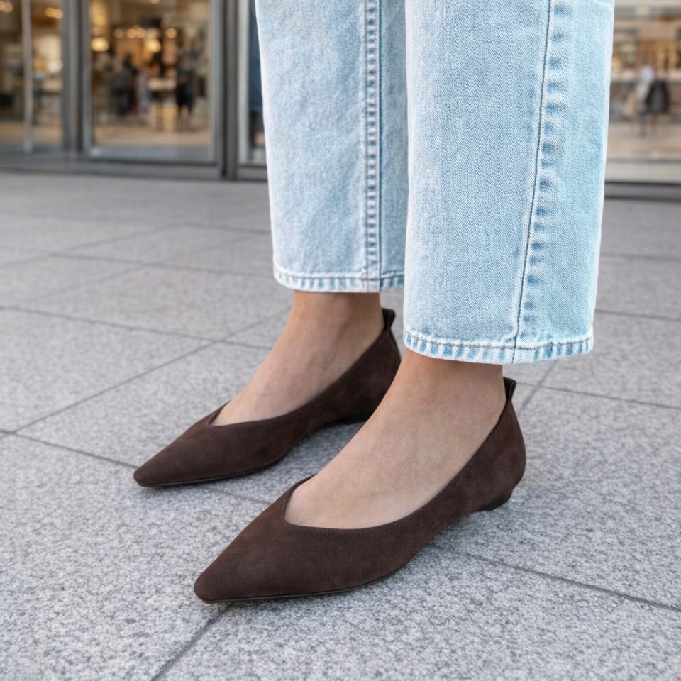 Czekoladowe zamszowe baleriny w szpic 298B