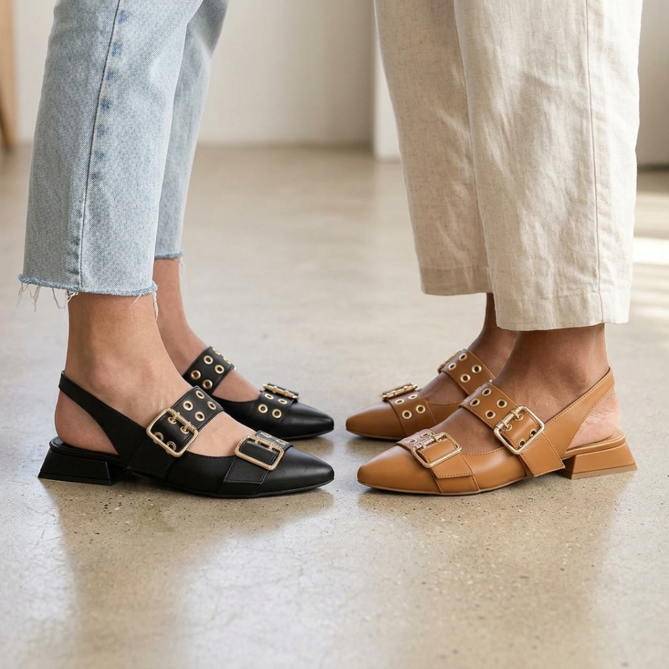 Karmelowe skórzane baleriny z klamrami 253V