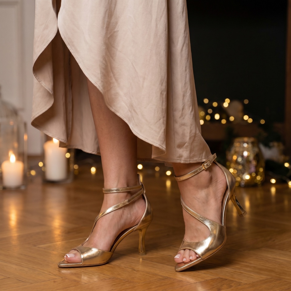 Złote skórzane sandały w szpic 299B