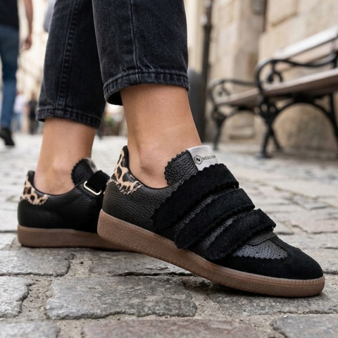 Czarne sk&oacute;rzane trampki na rzepy 63R