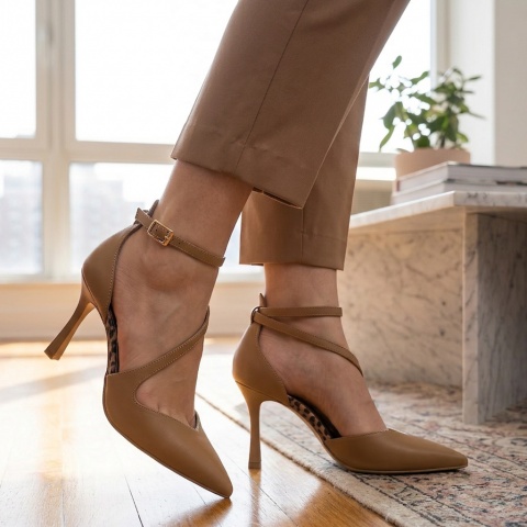 Karmelowe szpilki z panterą i paskami 231H