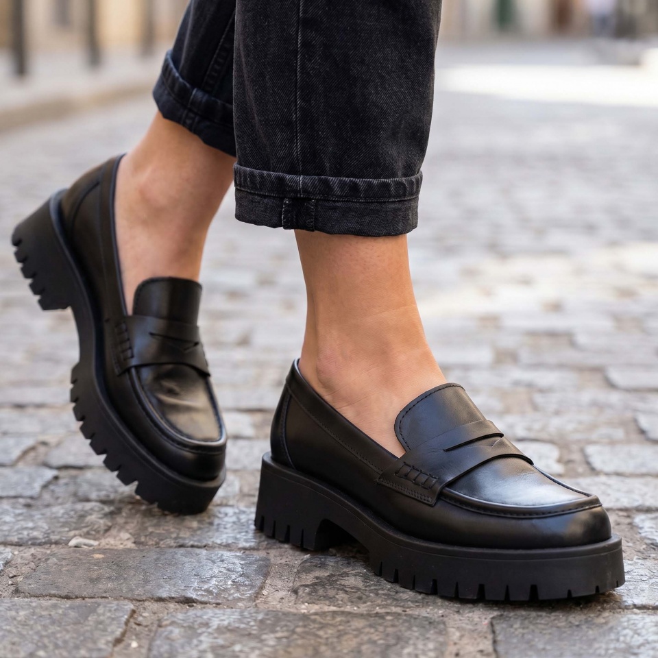 Czarne skórzane półbuty na grubym spodzie 241N