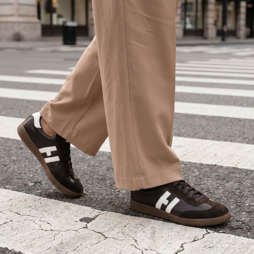 Brązowo-białe skórzane trampki 63E