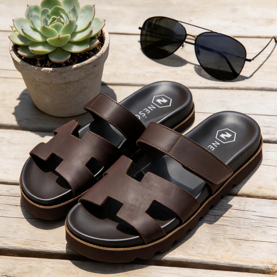 Ciemnobrązowe skórzane klapki 216G