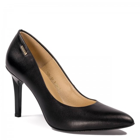 Czarne skórzane szpilki z czarnym obcasem 92C1