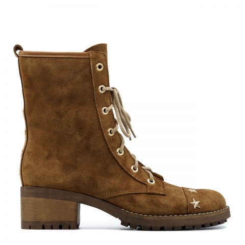 Koniakowe welurowe botki z gwiazdkami na nosku i cholewce 262A
