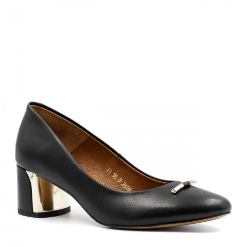 Czarne skórzane czółenka damskie z ozdobnym niskim obcasem 260A