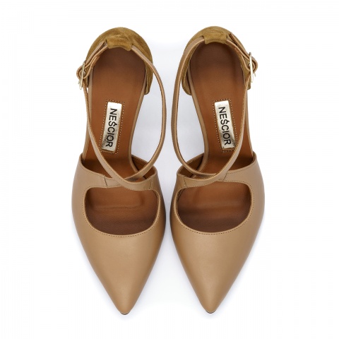 Karmelowe skórzane zamszowe szpilki z paseczkami 107E