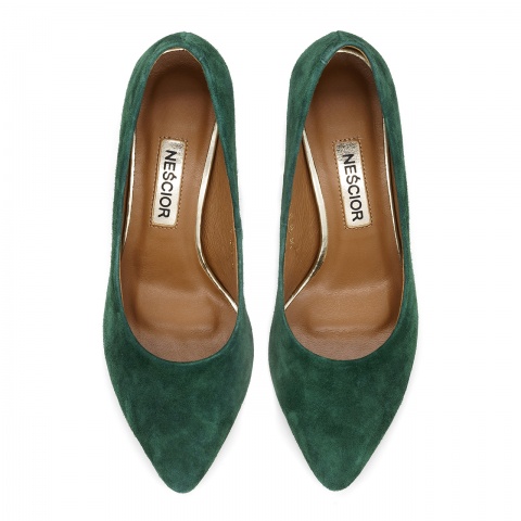 Zielone zamszowe czółenka z ozdobnym niskim obcasem 42H