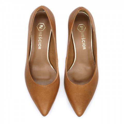 Koniakowe skórzane czółenka na obcasie 110G