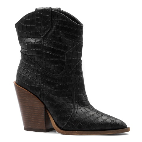 Czarne skórzane botki w stylu country w krokodyli wzór na słupku 111R