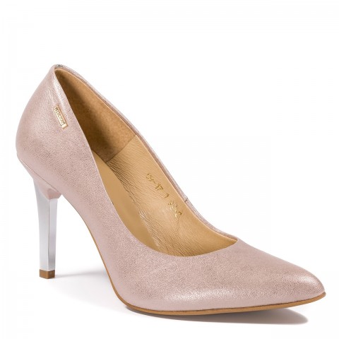 Perłowo-beżowe skórzane szpilki ze srebrnym paskiem 92C1