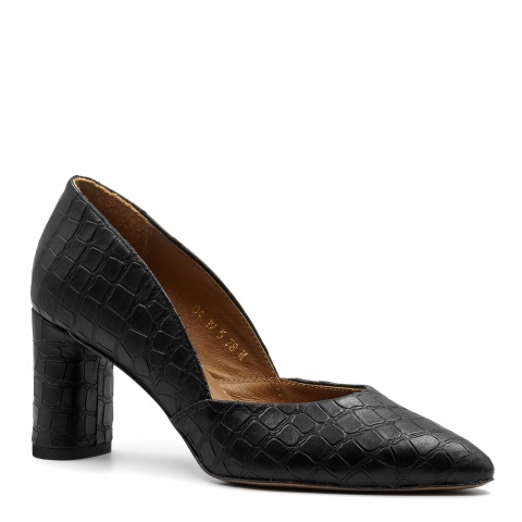 Czarne skórzane czółenka w krokodyli wzór na owalnym słupku 78M