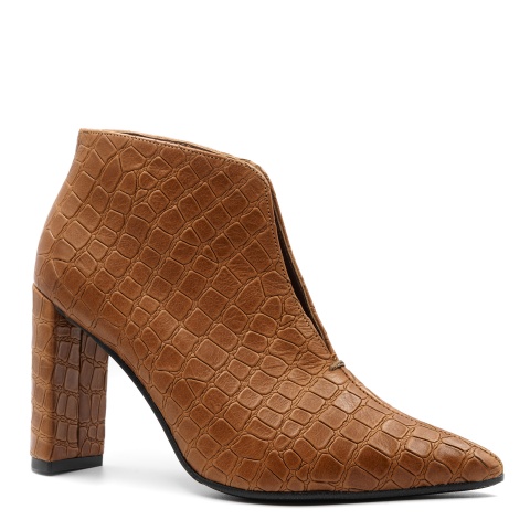 Rude skórzane botki w krokodyli wzór z rozcięciem na przodzie na słupku 107B