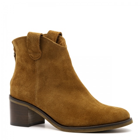 Kawowe welurowe botki na obcasie o kształcie klocka zamkiem na pięcie 274K