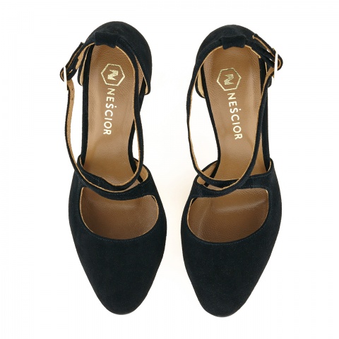 Czarne zamszowe wysokie czółenka z paseczkami 265E