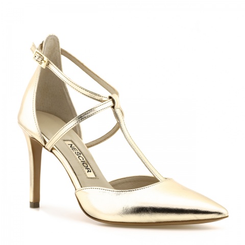 Złote skórzane szpilki z paseczkami 107W