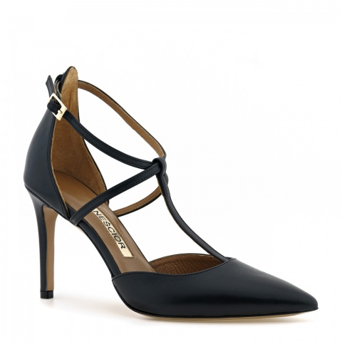 Złote skórzane szpilki ze skrzyżowanymi paseczkami 107W