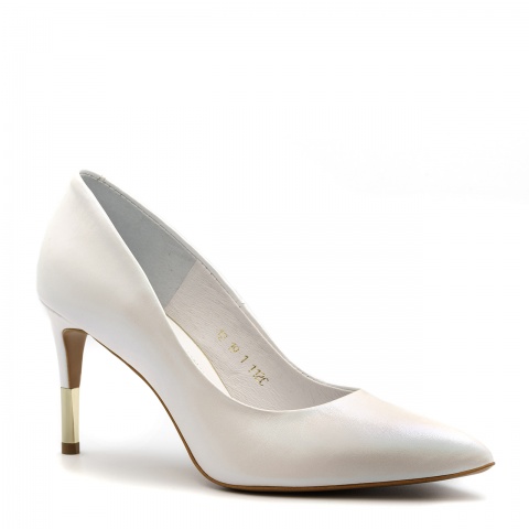 Beżowe skórzane damskie czółenka na złotej szpilce 112C