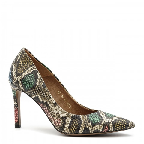 Brązowo zielone skórzane wężowe szpilki 107G