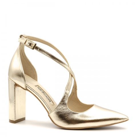 Złote skórzane czółenka z paseczkami 107S